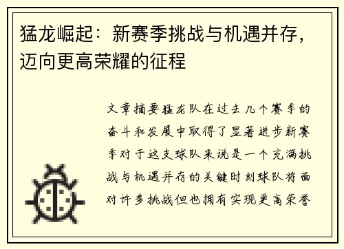 猛龙崛起：新赛季挑战与机遇并存，迈向更高荣耀的征程